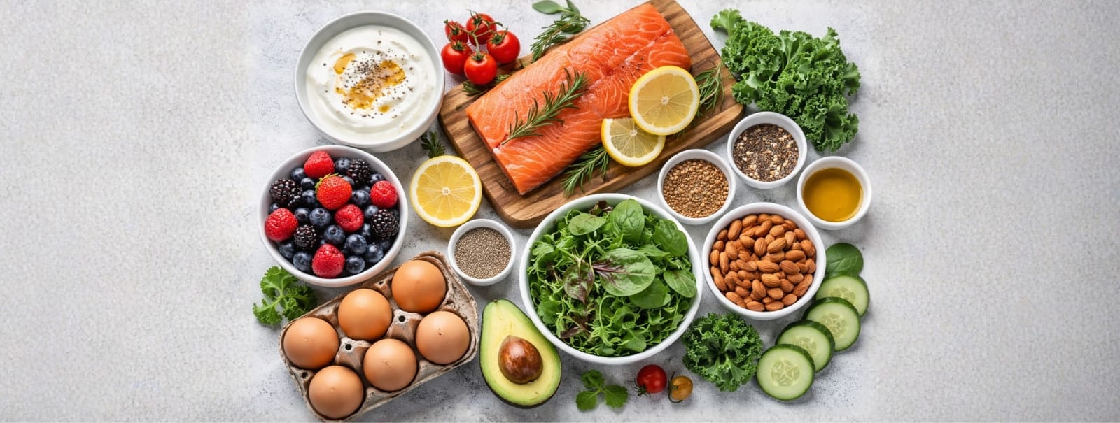 High-protein and nutrient-dense foods that support weight loss including salmon, eggs, Greek yogurt, berries, leafy greens, avocado, and healthy fats.