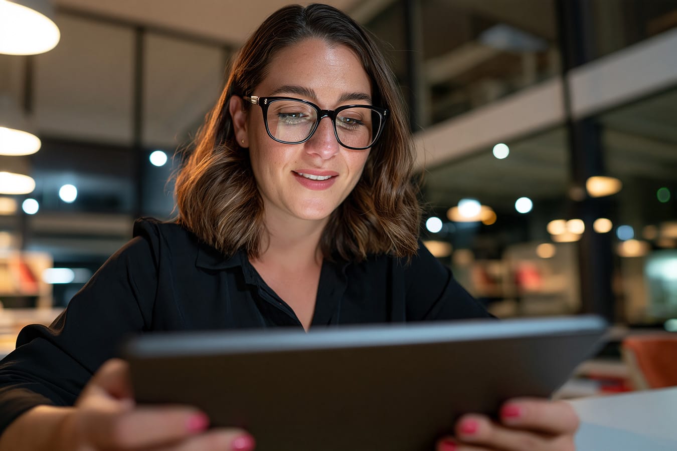 a woman looking at a tablet